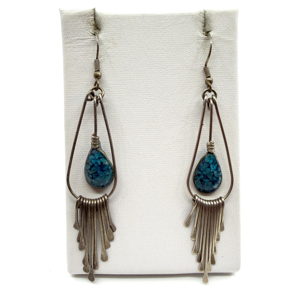 Boho Southwestern Blue Stone Inlay Teardrop Fringe Dangle Earrings Silver Tone